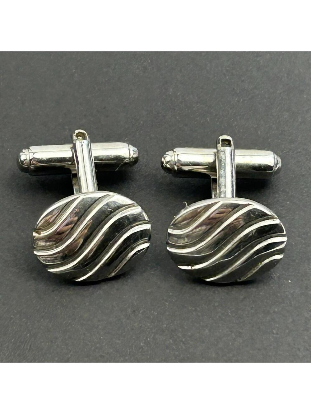 Vintage ANSON Cufflinks Mid Century Modern Silver Tone Sculpted Wave MCM Signed